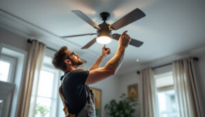A photograph of a lighting contractor installing a stylish ceiling fan in a well-lit room