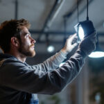 A photograph of a skilled lighting contractor expertly installing or adjusting various types of lighting fixtures in a well-lit