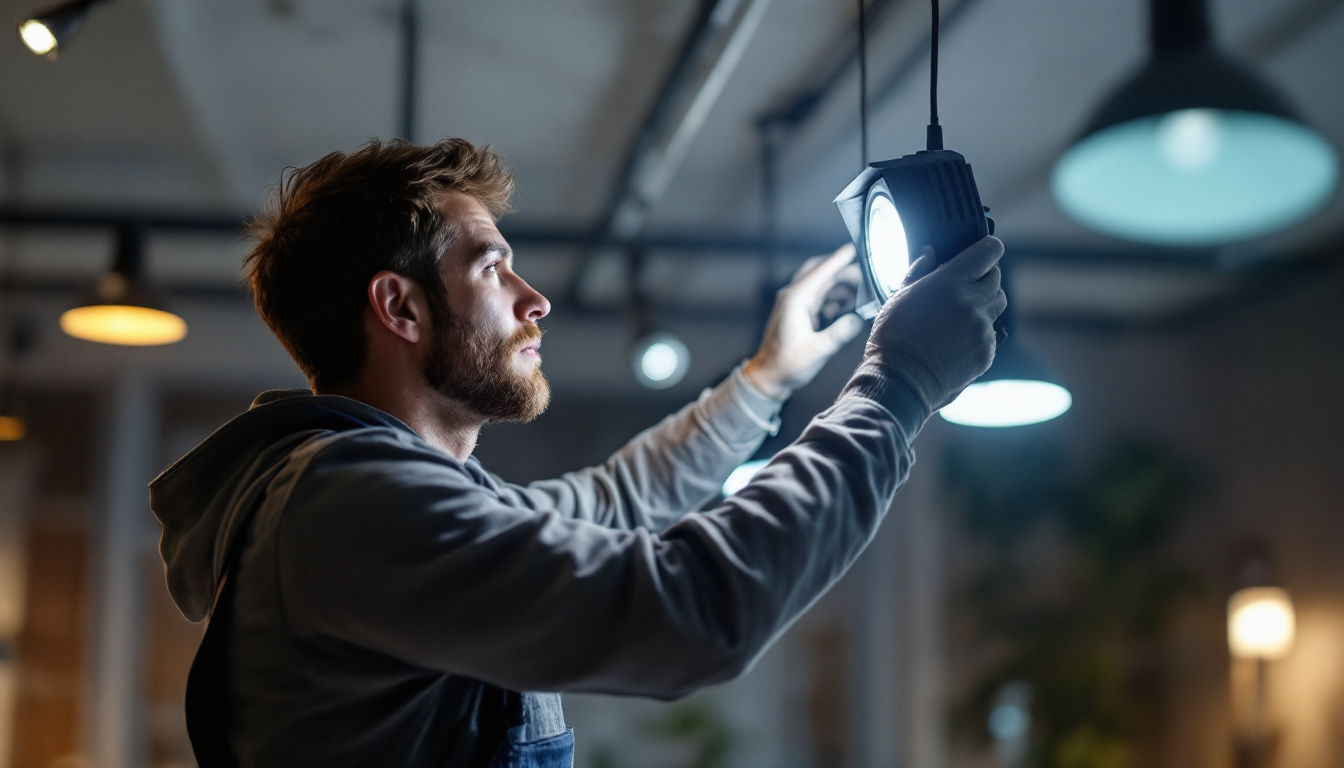 A photograph of a skilled lighting contractor expertly installing or adjusting various types of lighting fixtures in a well-lit
