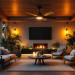 A photograph of a stylish outdoor living space featuring a large