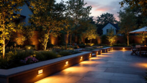A photograph of a beautifully illuminated outdoor space showcasing various styles of accent lighting
