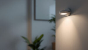 A photograph of a stylish indoor space featuring a modern motion sensor light in action