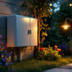A photograph of a well-installed outdoor electrical box surrounded by various lighting fixtures in a beautifully illuminated garden setting