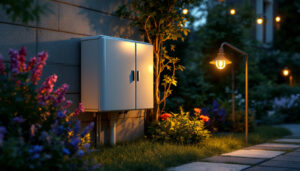 A photograph of a well-installed outdoor electrical box surrounded by various lighting fixtures in a beautifully illuminated garden setting