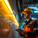 A photograph of a lighting contractor inspecting emergency led lighting installations in a dimly lit environment