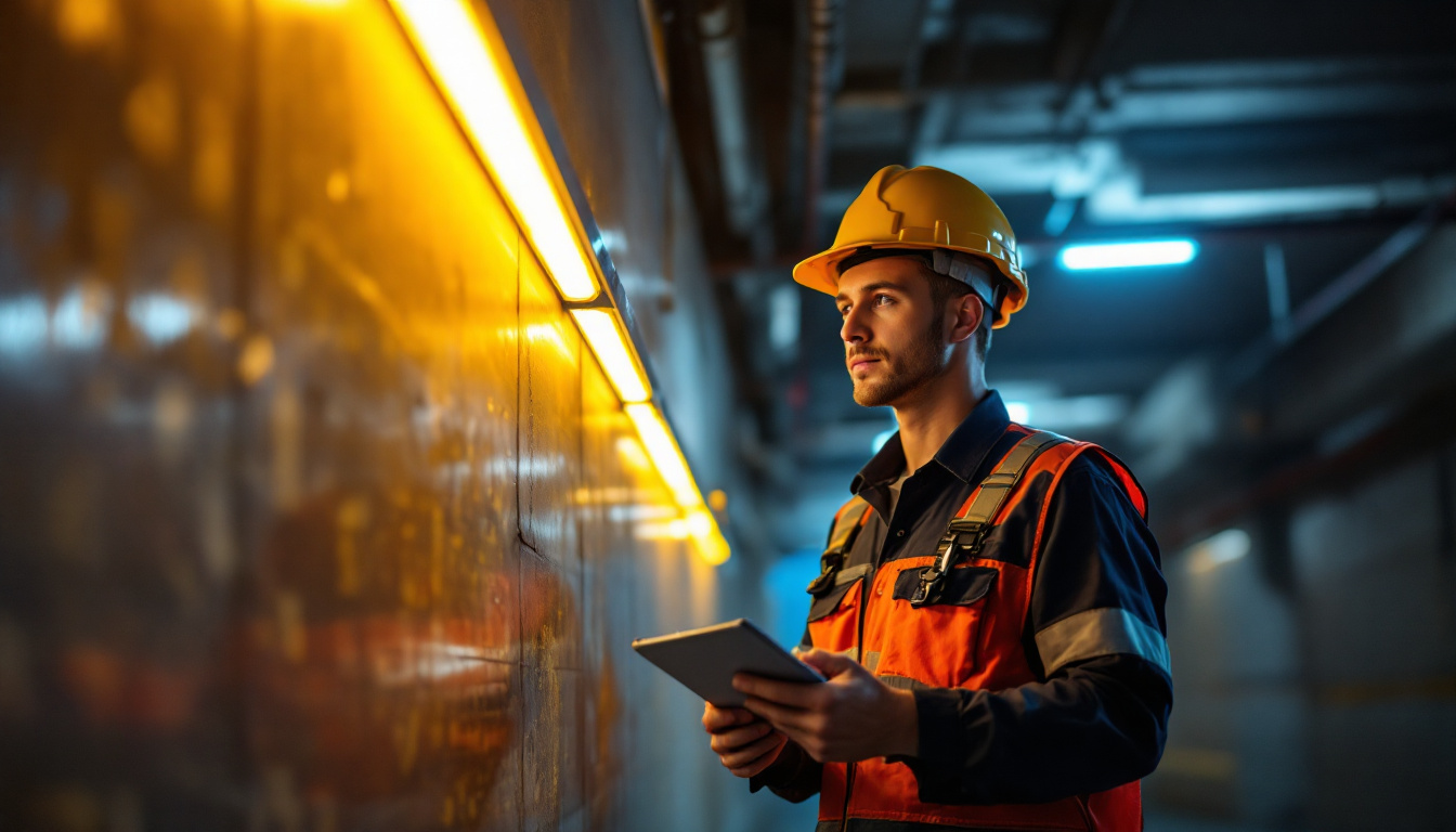 A photograph of a lighting contractor inspecting emergency led lighting installations in a dimly lit environment