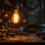 A photograph of a vintage light bulb glowing warmly in a dimly lit workshop