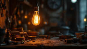 A photograph of a vintage light bulb glowing warmly in a dimly lit workshop