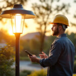 A photograph of a lighting contractor inspecting an outdoor led lamp installation in a beautifully landscaped setting