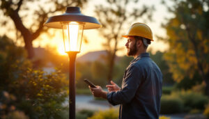 A photograph of a lighting contractor inspecting an outdoor led lamp installation in a beautifully landscaped setting