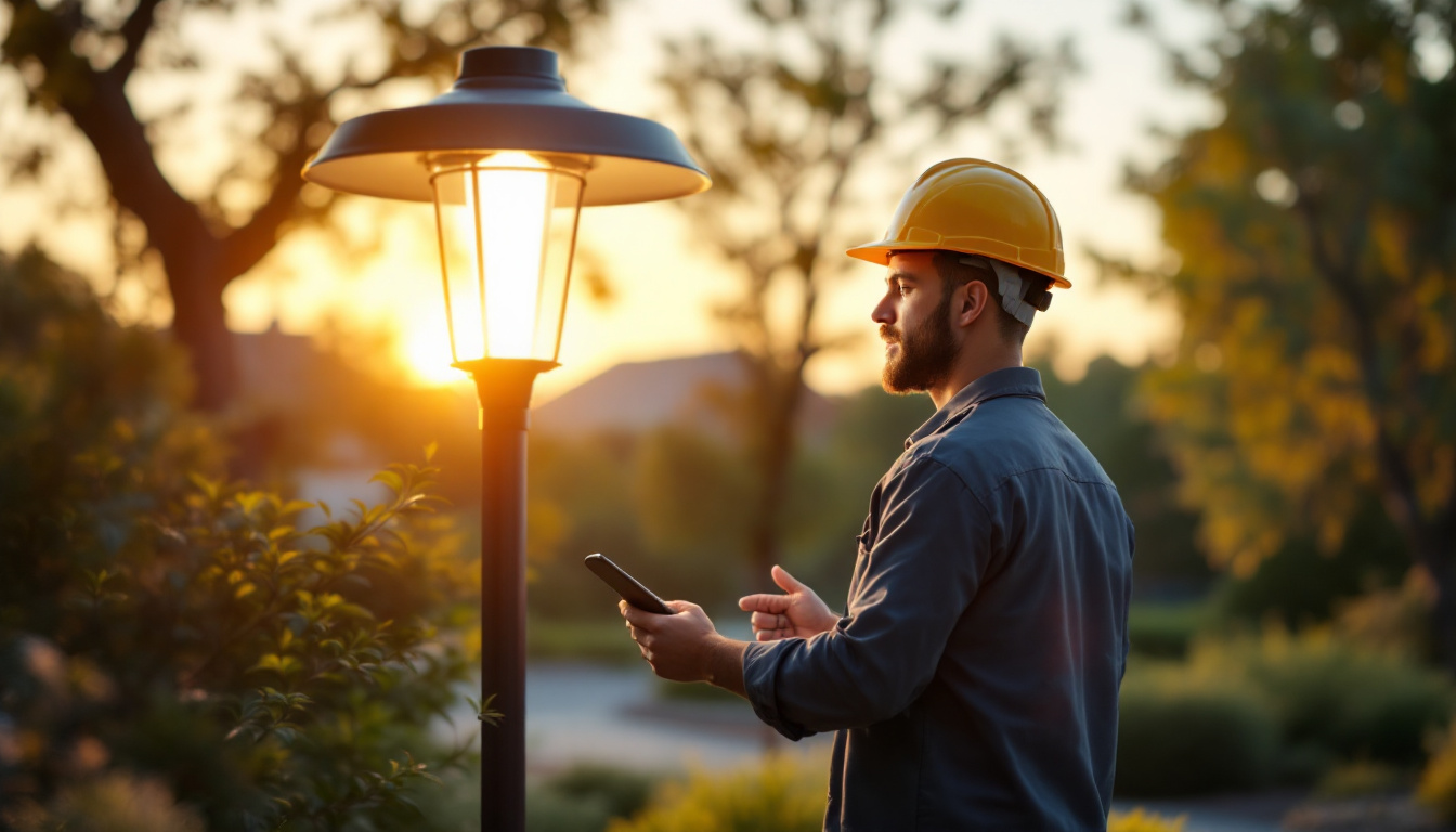 A photograph of a lighting contractor inspecting an outdoor led lamp installation in a beautifully landscaped setting
