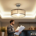 A photograph of a well-lit ceiling lamp in a stylish interior setting