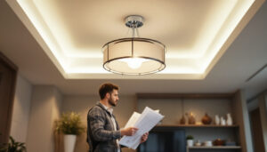 A photograph of a well-lit ceiling lamp in a stylish interior setting
