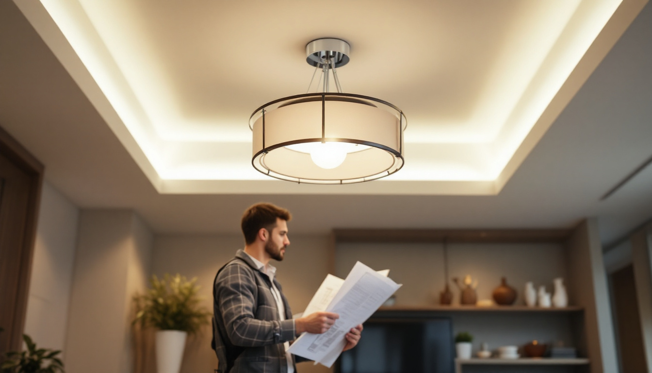 A photograph of a well-lit ceiling lamp in a stylish interior setting