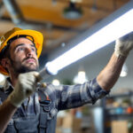 A photograph of a lighting contractor expertly installing or showcasing a vibrant fluorescent tube in a commercial setting