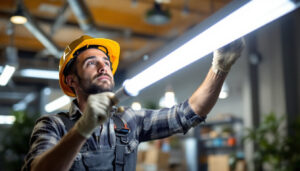 A photograph of a lighting contractor expertly installing or showcasing a vibrant fluorescent tube in a commercial setting