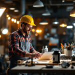 A photograph of a lighting contractor inspecting a well-lit workspace