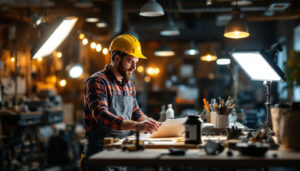 A photograph of a lighting contractor inspecting a well-lit workspace
