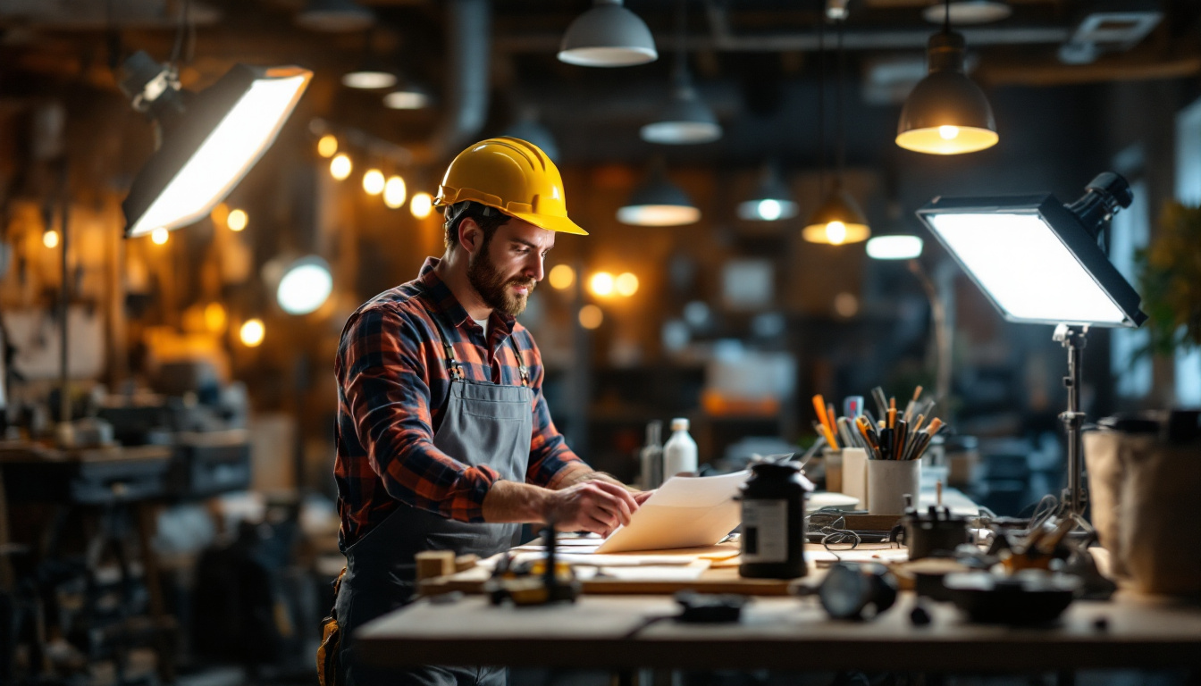 A photograph of a lighting contractor inspecting a well-lit workspace