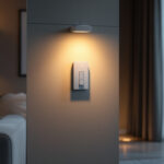 A photograph of a stylish indoor setting featuring a modern motion sensor light switch in action