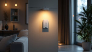 A photograph of a stylish indoor setting featuring a modern motion sensor light switch in action