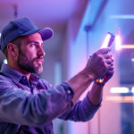 A photograph of a lighting contractor expertly installing high power led lighting strips in a modern commercial space