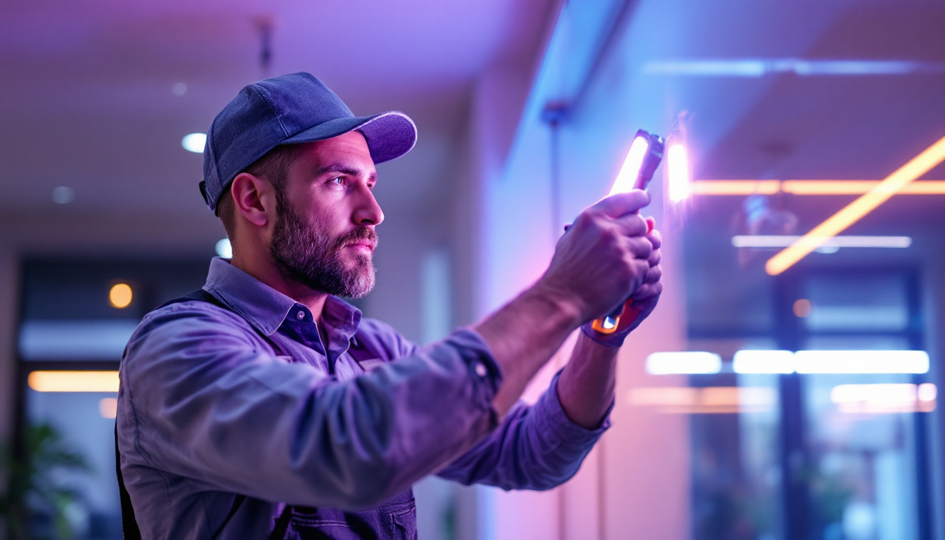 A photograph of a lighting contractor expertly installing high power led lighting strips in a modern commercial space