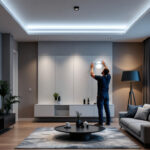 A photograph of a skilled lighting contractor installing sleek