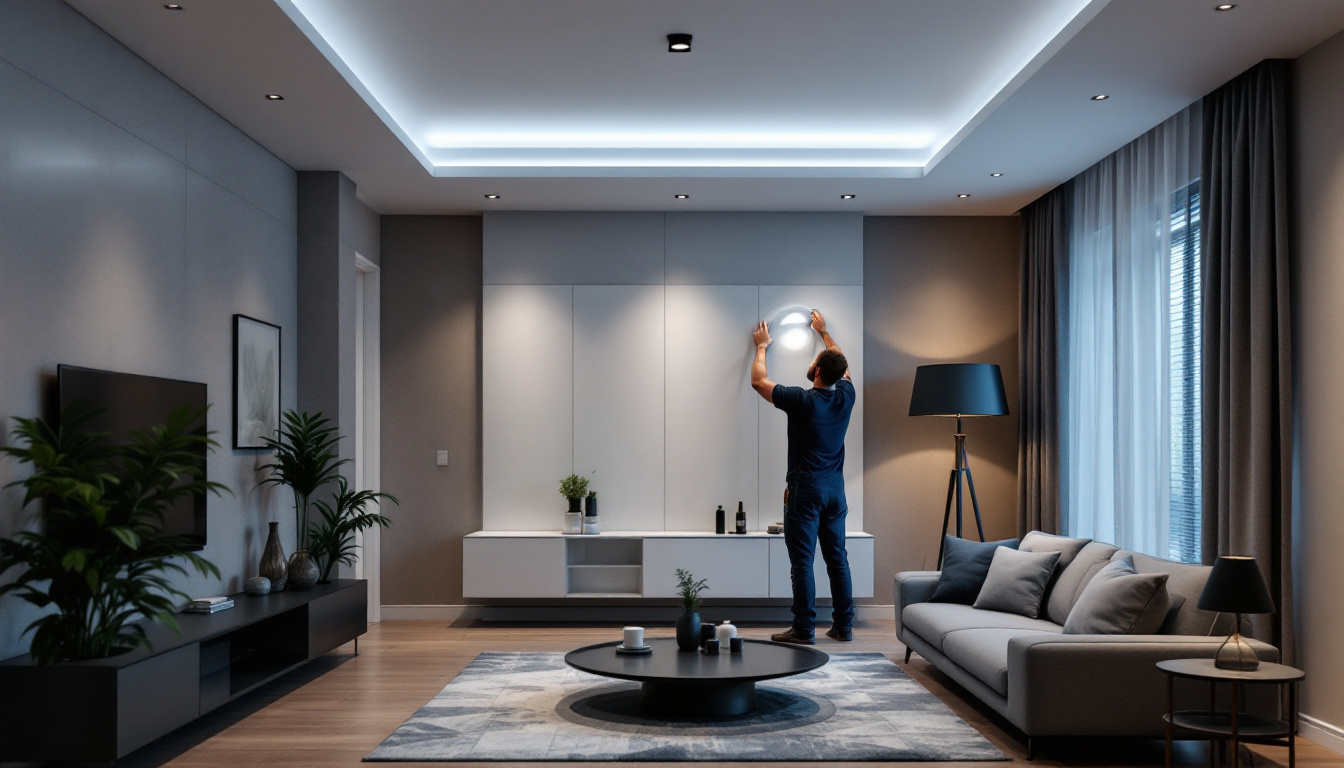 A photograph of a skilled lighting contractor installing sleek