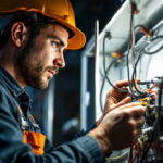 A photograph of a skilled lighting contractor installing or inspecting a fused 12v transformer in a well-lit environment