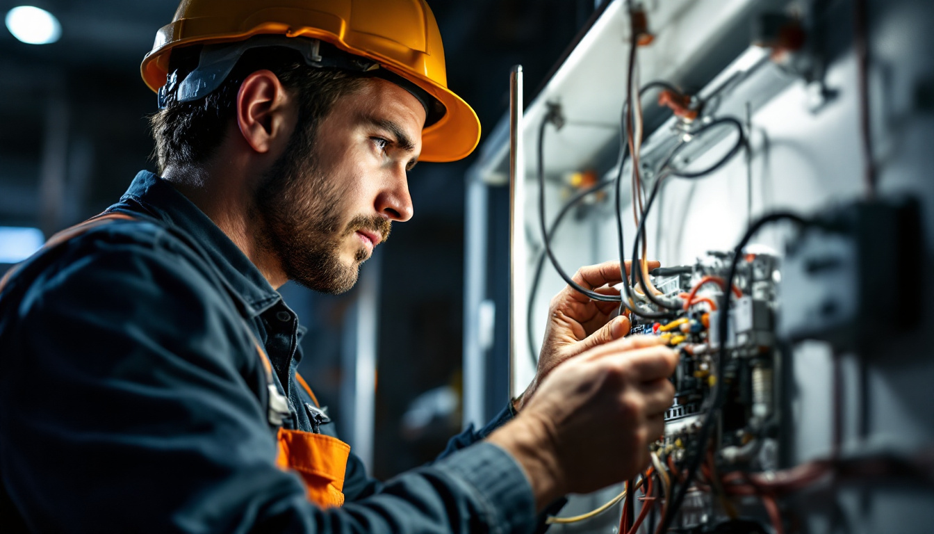 A photograph of a skilled lighting contractor installing or inspecting a fused 12v transformer in a well-lit environment