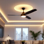 A photograph of a stylish and modern ceiling fan with integrated lighting