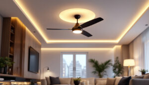 A photograph of a stylish and modern ceiling fan with integrated lighting
