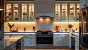 A photograph of a beautifully designed kitchen featuring sleek under cabinet led lighting