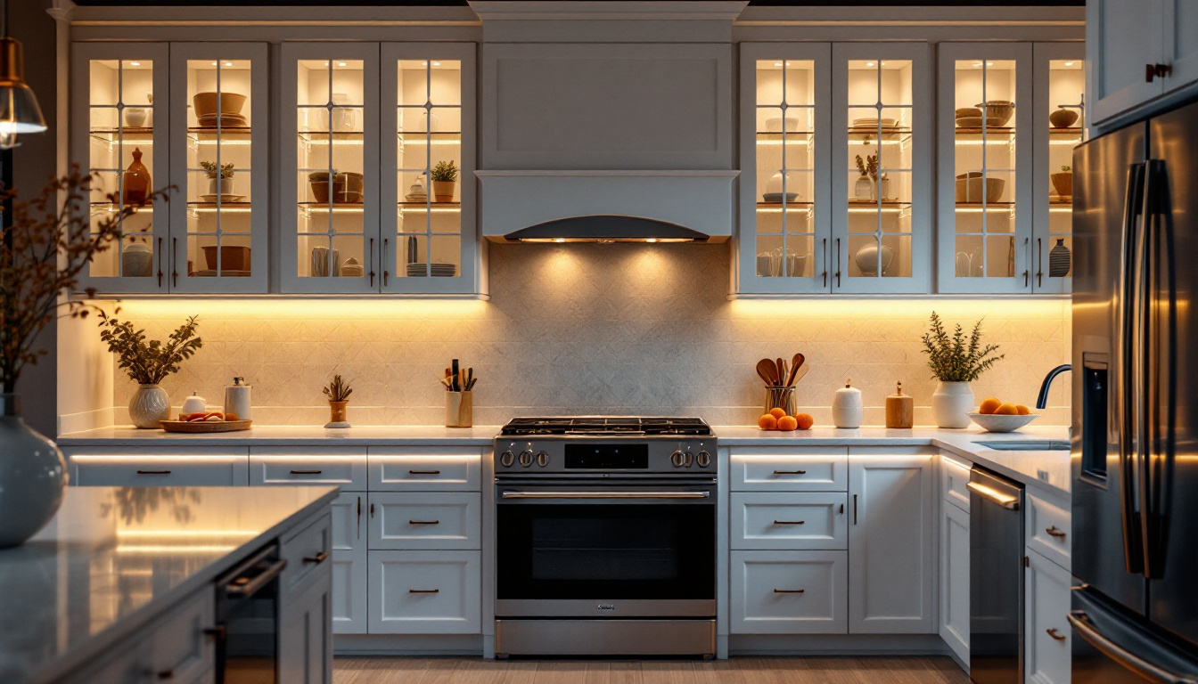 A photograph of a beautifully designed kitchen featuring sleek under cabinet led lighting