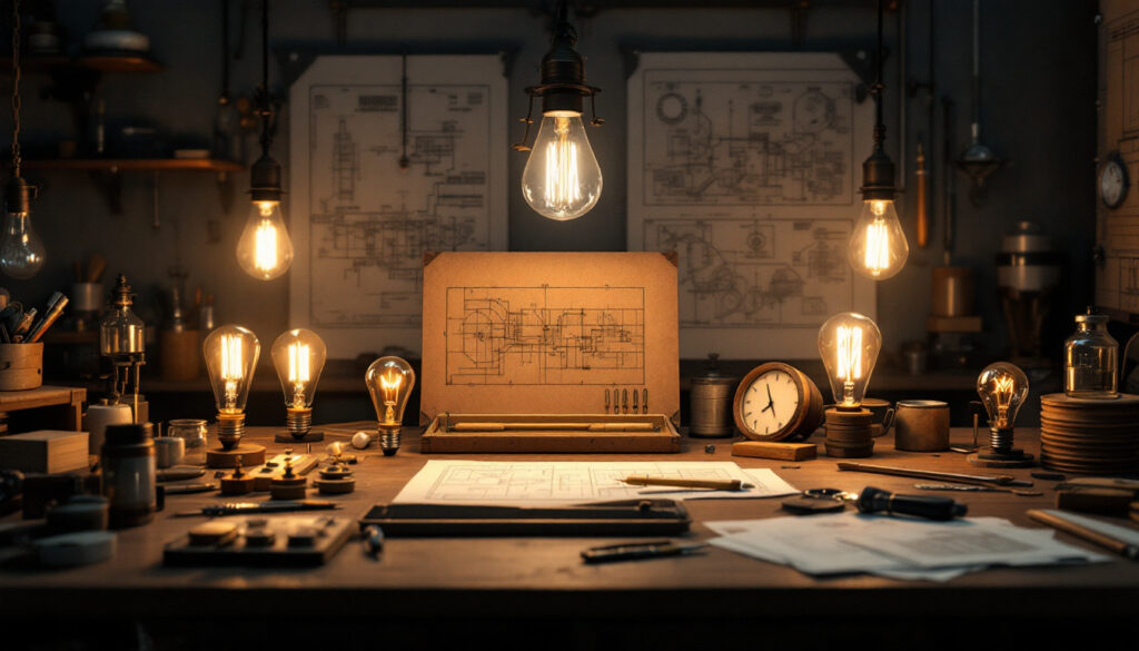A photograph of capture a photograph of a vintage-style workshop scene featuring an array of edison light bulb prototypes