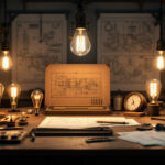 A photograph of capture a photograph of a vintage-style workshop scene featuring an array of edison light bulb prototypes