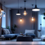 A photograph of a modern lighting installation in a residential or commercial space