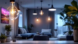 A photograph of a modern lighting installation in a residential or commercial space