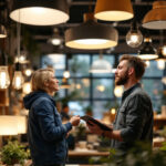 A photograph of a lighting contractor examining a variety of stylish light fixtures in a well-lit showroom