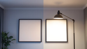A photograph of a side-by-side comparison of a lit led diffuser panel and a traditional lighting fixture in a well-lit room