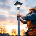 A photograph of a lighting contractor installing a solar light post in a residential setting