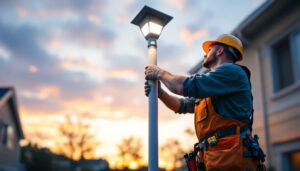 A photograph of a lighting contractor installing a solar light post in a residential setting