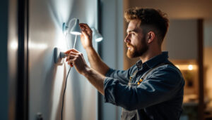 A photograph of a lighting contractor expertly installing plug-in led lights in a modern residential setting