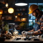 A photograph of a skilled lighting contractor at work