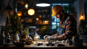 A photograph of a skilled lighting contractor at work