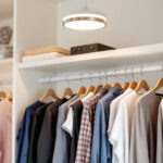 A photograph of a beautifully designed closet light fixture installed in a well-organized closet