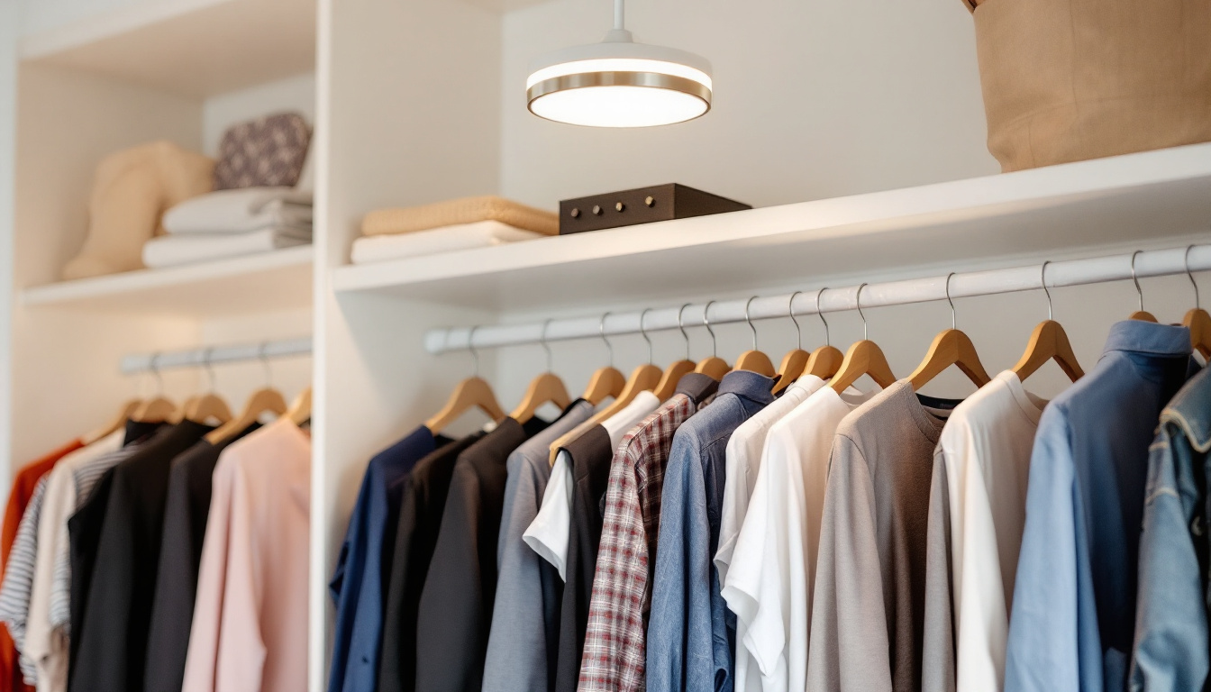 A photograph of a beautifully designed closet light fixture installed in a well-organized closet