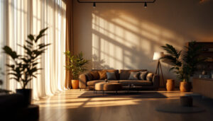 A photograph of a beautifully lit interior space showcasing the effects of upward lighting