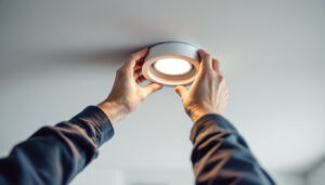 A photograph of a skilled lighting contractor installing a recessed bulb in a modern ceiling